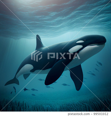 killer whale in transparent water close-up  99501012