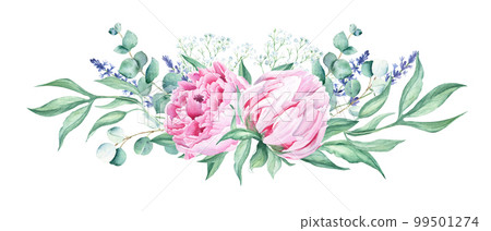 Watercolor horizontal bouquet, pink peonies, lavender, gypsophila, eucalyptus. Hand painted illustration isolated on white background. Can be used for greeting cards, wedding invitations, save the Watercolor horizontal bouquet, pink peonies, lavender, gypsophila, eucalyptus. Hand painted illustration isolated on white background. Can be used for greeting cards, wedding invitations, save the 99501274