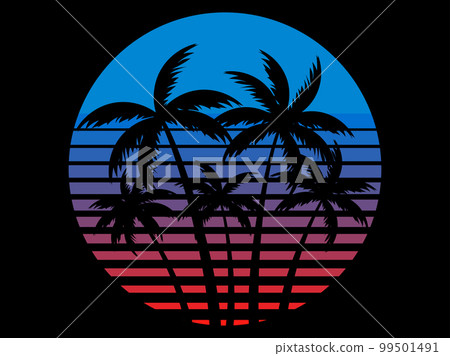 Tropical palm trees at sunset in a futuristic 80s style. Summer time, silhouettes of palm trees in synthwave and retrowave style. Design of advertising booklets and banners. vector illustration Tropical palm trees at sunset in a futuristic 80s style. Summer time, silhouettes of palm trees in synthwave and retrowave style. Design of advertising booklets and banners. vector illustration 99501491