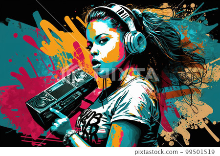Black girl listens hip hop music, portrait of fictional young woman, illustration, generative A Black girl listens hip hop music, portrait of fictional young woman, illustration, generative A 99501519