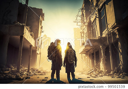 People in destroyed city at post apocalypse, man and woman, generative AI 99501539