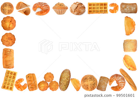 Frame from delicious and fresh bread products isolated on white Frame from delicious and fresh bread products isolated on white 99501601