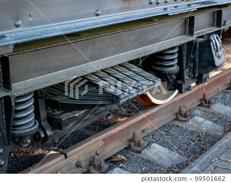 Huge train springs and leaf spring over the wheels. Train wheel system, detail Huge train springs and leaf spring over the wheels. Train wheel system, detail 99501662