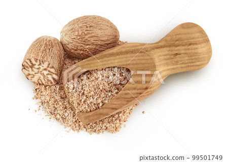 Whole and grated nutmeg in wooden scoop isolated on white background with full depth of field. Top view. Flat lay 99501749