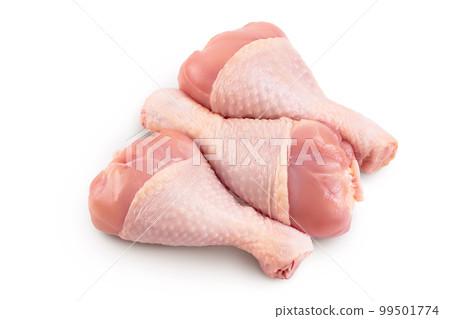Raw chicken leg or drumstick isolated on white background with full depth of field. Top view. Flat lay Raw chicken leg or drumstick isolated on white background with full depth of field. Top view. Flat lay 99501774