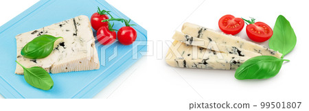 Blue cheese gorgonzola on the board isolated on white background with full depth of field. 99501807