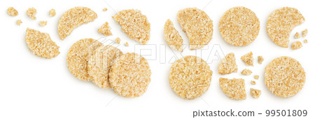 coconut cookies with white flax seeds and honey isolated on white background. Healthy food. Top view with copy space for your text. Flat lay coconut cookies with white flax seeds and honey isolated on white background. Healthy food. Top view with copy space for your text. Flat lay 99501809