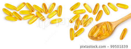 Fish oil capsules isolated on white background with full depth of field. Top view with copy space for your text. Flat lay Fish oil capsules isolated on white background with full depth of field. Top view with copy space for your text. Flat lay 99501839