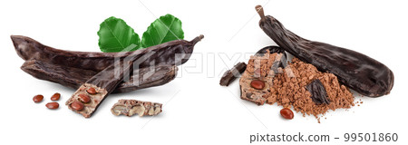 Ripe carob pods and bean isolated on white background with full depth of field Ripe carob pods and bean isolated on white background with full depth of field 99501860