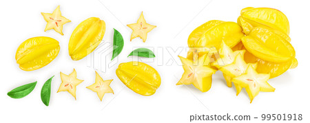 Carambola or star-fruit with leaf isolated on white background. Top view. Flat lay 99501918