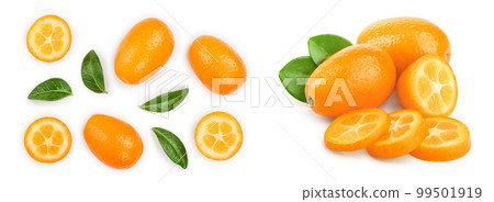 Cumquat or kumquat with half isolated on white background. Top view. Flat lay 99501919