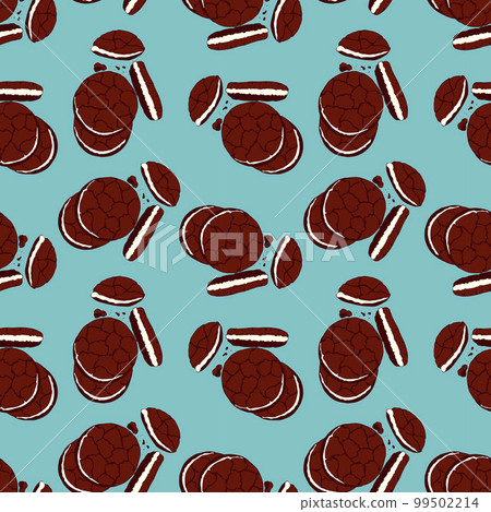 Pattern of chocolate chip cookies with filling and biscuit crumbs on a blue background, hand drawn doodles. National Cookie Day. 99502214
