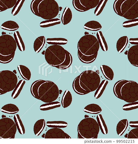 Pattern of chocolate chip cookies with filling and biscuit crumbs on a blue background, hand drawn doodles. National Cookie Day. 99502215