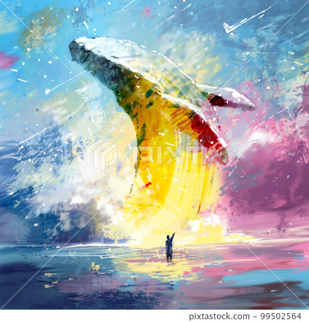 whale fantasy imagination cloud blue whale hope blue whale sea brilliant emotion illustration hopeful person waving hand 99502564