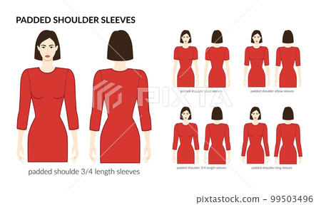 Set of Padded shoulder sleeves clothes - long, short, 3-4, elbow length technical fashion illustration with fitted body 99503496