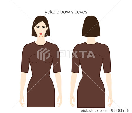 Yoke sleeves clothes character beautiful lady in brown top, shirt, dress technical fashion illustration, elbow length 99503536