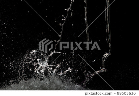 Blur Defocus Image of Water hit wall ground, explode into drop droplet. Amount Water attack impact and fluttering in air explosion. Stop motion freeze shot. Splash Water for texture elements 99503630