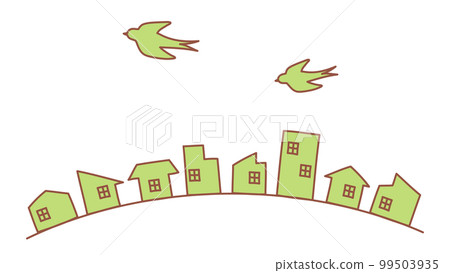 Swallow and townscape illustration Green 4:3 Swallow and townscape illustration Green 4:3 99503935