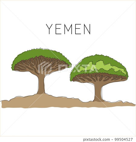 Single one line drawing of beauty and exotic dragon blood tree. Decorative dracaena cinnabari for greeting post card. Tourism and travel concept. Modern continuous line draw design vector illustration 99504527
