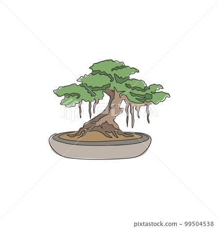 Single continuous line drawing of beautiful and exotic Japan bonsai tree. Decorative old small banyan tree concept for home decor wall art poster print. Modern one line draw design vector illustration Single continuous line drawing of beautiful and exotic Japan bonsai tree. Decorative old small banyan tree concept for home decor wall art poster print. Modern one line draw design vector illustration 99504538