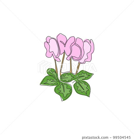 Single one line drawing beauty fresh cyclamen for garden logo. Decorative perennial flowering plant concept for home decor wall art poster print. Modern continuous line draw design vector illustration Single one line drawing beauty fresh cyclamen for garden logo. Decorative perennial flowering plant concept for home decor wall art poster print. Modern continuous line draw design vector illustration 99504545