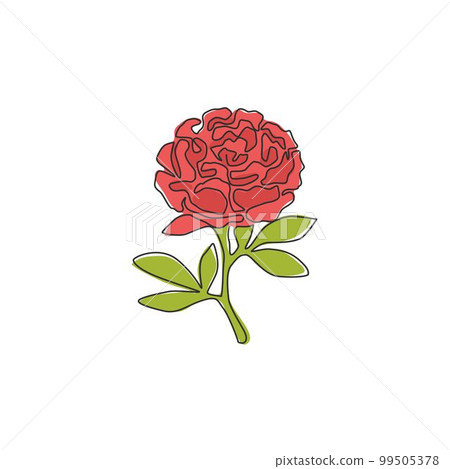 Single continuous line drawing of beauty fresh herbaceous plant for garden logo. Printable decorative peony flower concept for wedding invitation card. Trendy one line draw design vector illustration Single continuous line drawing of beauty fresh herbaceous plant for garden logo. Printable decorative peony flower concept for wedding invitation card. Trendy one line draw design vector illustration 99505378