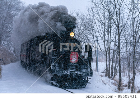 Steam locomotive Fuyu no Shitsugen-go running in the snow 99505431