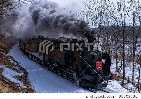 Steam locomotive Fuyu-no-Shitsugen-go rounds corners while emitting black smoke 99505536