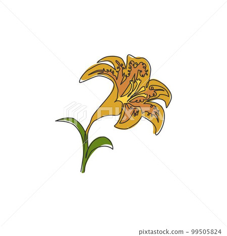 Single continuous line drawing of beauty fresh tiger lily for home decor wall art poster print. Printable decorative lilium flower for wedding invitation card. One line draw design vector illustration Single continuous line drawing of beauty fresh tiger lily for home decor wall art poster print. Printable decorative lilium flower for wedding invitation card. One line draw design vector illustration 99505824