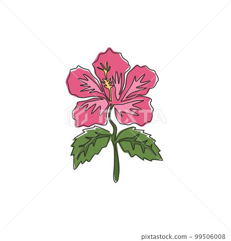 One single line drawing of beauty fresh hibiscus for garden logo. Decorative rose mallow flower concept for wall home decor poster. Modern continuous line draw graphic design vector illustration One single line drawing of beauty fresh hibiscus for garden logo. Decorative rose mallow flower concept for wall home decor poster. Modern continuous line draw graphic design vector illustration 99506008