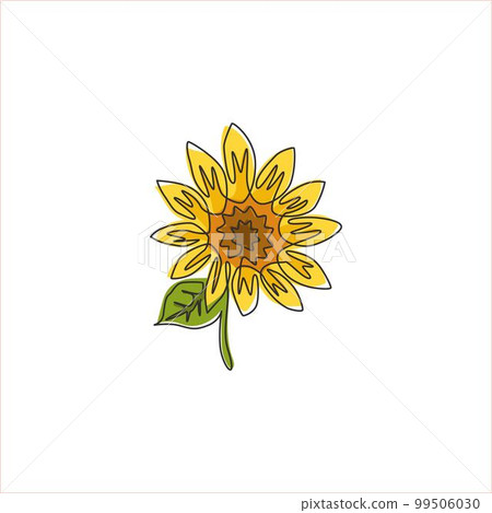 One single line drawing of beauty fresh sunflower for park logo. Printable poster decorative helianthus season flower concept for wall home decor art. Continuous line draw design vector illustration 99506030