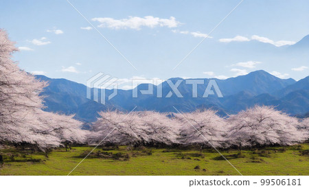 Cherry blossoms, mountains in the distance, blue sky, AI illustration Cherry blossoms, mountains in the distance, blue sky, AI illustration 99506181