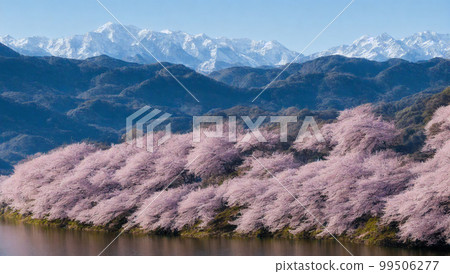 Cherry blossoms, water surface in front, snowy mountains in the distance, blue sky, AI illustration Cherry blossoms, water surface in front, snowy mountains in the distance, blue sky, AI illustration 99506277