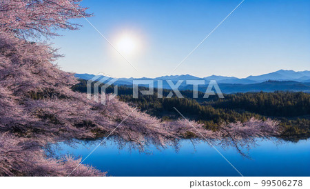 Cherry blossoms, water surface in front, snowy mountains in the distance, blue sky, AI illustration Cherry blossoms, water surface in front, snowy mountains in the distance, blue sky, AI illustration 99506278