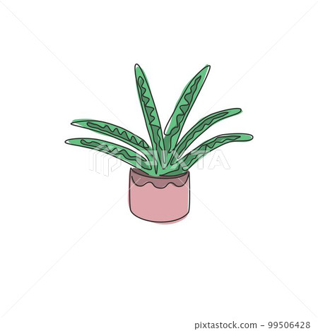 Single continuous line drawing of potted snake plant for home decor logo identity. Fresh evergreen perennial plant concept for plant icon. Modern one line draw design graphic vector illustration Single continuous line drawing of potted snake plant for home decor logo identity. Fresh evergreen perennial plant concept for plant icon. Modern one line draw design graphic vector illustration 99506428