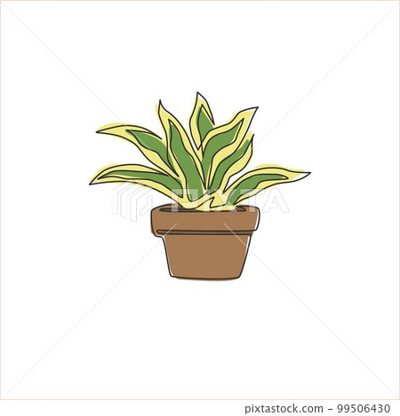 One single line drawing of potted snake plant for home decor logo identity. Fresh evergreen perennial plant concept for plant icon. Modern continuous line draw design vector graphic illustration One single line drawing of potted snake plant for home decor logo identity. Fresh evergreen perennial plant concept for plant icon. Modern continuous line draw design vector graphic illustration 99506430