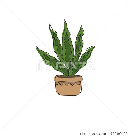 One continuous line drawing of potted snake plant for home decor logo identity. Fresh evergreen perennial plant concept for plant icon. Modern single graphic line draw design vector illustration One continuous line drawing of potted snake plant for home decor logo identity. Fresh evergreen perennial plant concept for plant icon. Modern single graphic line draw design vector illustration 99506431