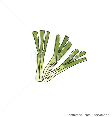 Single continuous line drawing of whole bunch healthy organic leek for farm logo identity. Fresh food seasoning concept for vegetable icon. Modern one line draw design vector graphic illustration Single continuous line drawing of whole bunch healthy organic leek for farm logo identity. Fresh food seasoning concept for vegetable icon. Modern one line draw design vector graphic illustration 99506436