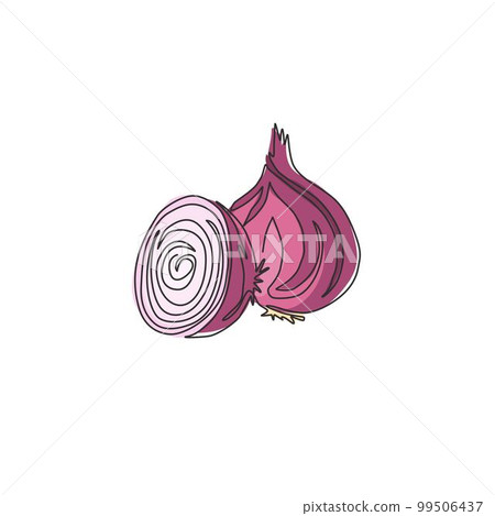 One continuous line drawing of whole sliced healthy organic onion for herbal logo identity. Fresh cultivated seasoning concept for vegetable icon. Modern single line draw design vector illustration One continuous line drawing of whole sliced healthy organic onion for herbal logo identity. Fresh cultivated seasoning concept for vegetable icon. Modern single line draw design vector illustration 99506437
