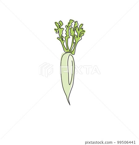One single line drawing of whole healthy organic white radish for farm logo identity. Fresh Japanese daikon concept for vegetable icon. Modern continuous line draw design vector graphic illustration One single line drawing of whole healthy organic white radish for farm logo identity. Fresh Japanese daikon concept for vegetable icon. Modern continuous line draw design vector graphic illustration 99506441