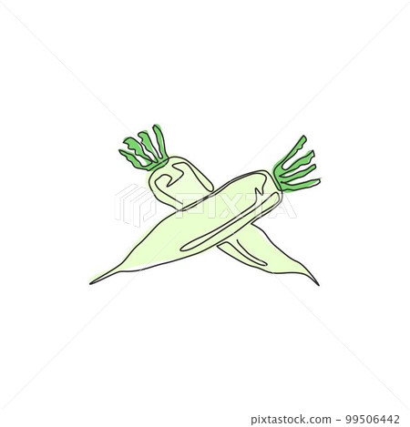 Single continuous line drawing of whole healthy organic white radish for farm logo identity. Fresh Japanese daikon concept for vegetable icon. Modern one line draw design graphic vector illustration Single continuous line drawing of whole healthy organic white radish for farm logo identity. Fresh Japanese daikon concept for vegetable icon. Modern one line draw design graphic vector illustration 99506442