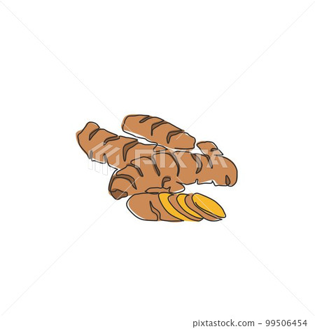 One continuous line drawing of whole healthy organic turmeric for farm logo identity. Fresh curcuma concept for vegetable icon. Modern single line draw design graphic vector illustration 99506454