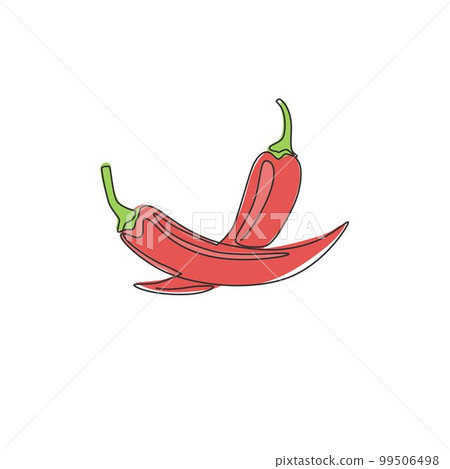 Single continuous line drawing of whole healthy organic hot chili for farm logo identity. Fresh chilli pepper concept for vegetable icon. Modern one line draw design graphic vector illustration 99506498