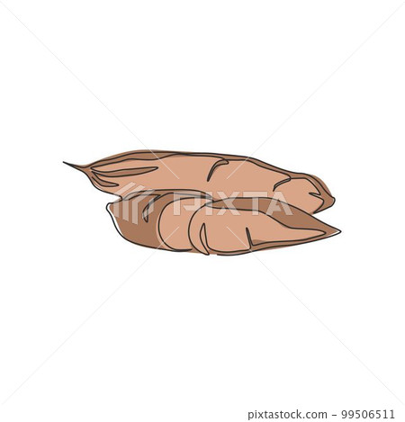 One continuous line drawing whole healthy organic cassava for farm logo identity. Edible starchy tuberous root concept tropical crop icon. Modern single line draw design graphic vector illustration 99506511