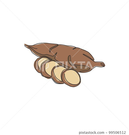 One single line drawing whole healthy organic yuca cassava for plantation logo identity. Fresh woody shrub concept tropical crop icon. Modern continuous line draw graphic design vector illustration 99506512