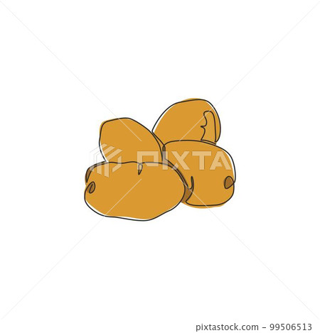 One single line drawing of whole healthy organic potatoes for farm logo identity. Fresh root vegetable concept for edible plant icon. Modern continuous line draw design vector graphic illustration 99506513