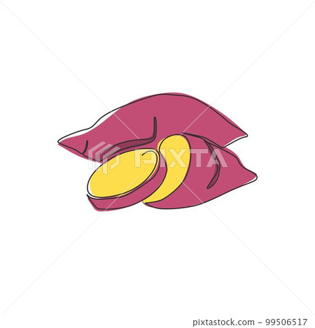 One continuous line drawing of whole health organic sweet potato for farm logo identity. Fresh tuberous morning glory concept for horticultural icon. Modern single line draw design vector illustration One continuous line drawing of whole health organic sweet potato for farm logo identity. Fresh tuberous morning glory concept for horticultural icon. Modern single line draw design vector illustration 99506517