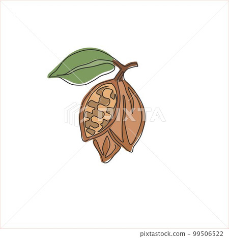 Single continuous line drawing of whole healthy organic cocoa bean for plantation logo identity. Fresh cacao concept for chocolate shop icon. Modern one line draw design vector graphic illustration Single continuous line drawing of whole healthy organic cocoa bean for plantation logo identity. Fresh cacao concept for chocolate shop icon. Modern one line draw design vector graphic illustration 99506522
