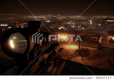 A shooter sighting in the target. 99507217