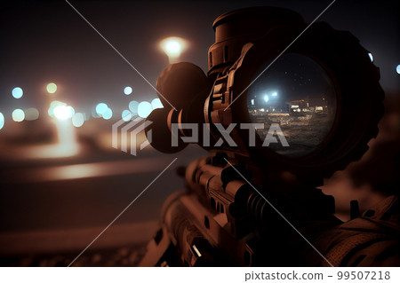 A shooter sighting in the target. 99507218